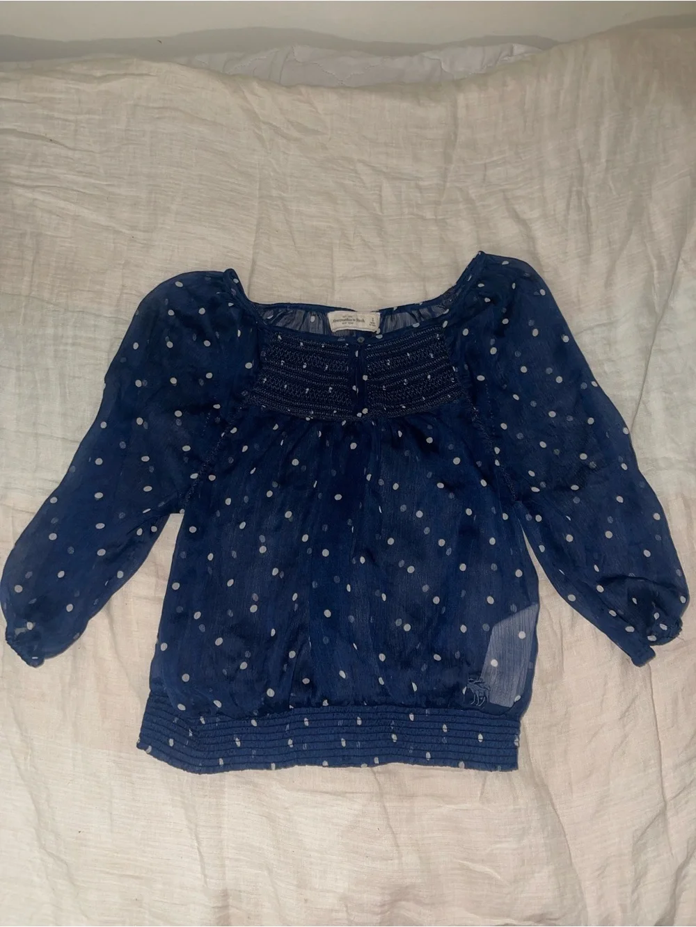 Abercrombie & Fitch Navy Blue Polka Dot Smocked Blouse